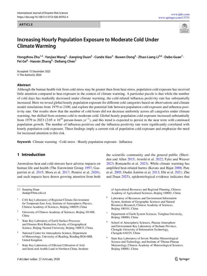 Increasing hourly population exposure to moderate cold under climate warming thumbnail
