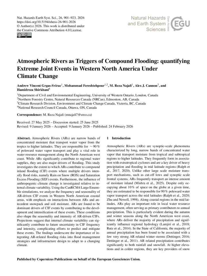 Atmospheric rivers as triggers of compound flooding: quantifying extreme joint events in Western North America under climate change thumbnail