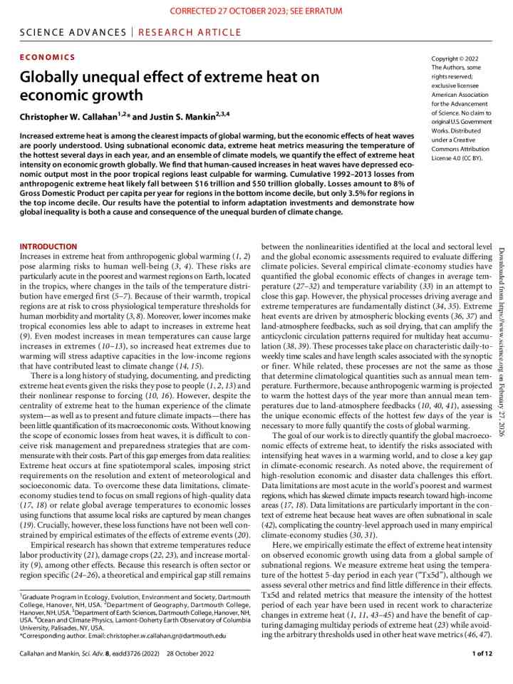 Globally unequal effect of extreme heat on economic growthGlobally unequal effect of extreme heat on economic growth thumbnail