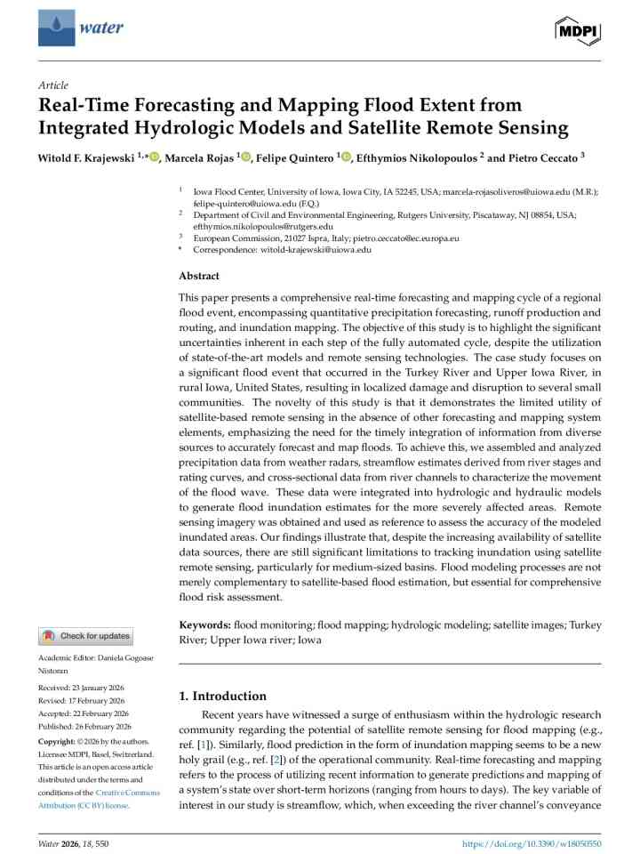 Real-time forecasting and mapping flood extent from integrated hydrologic models and satellite remote sensing thumbnail