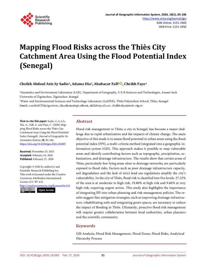 Mapping flood risks across the Thiès City catchment area using the flood potential index (Senegal) thumbnail