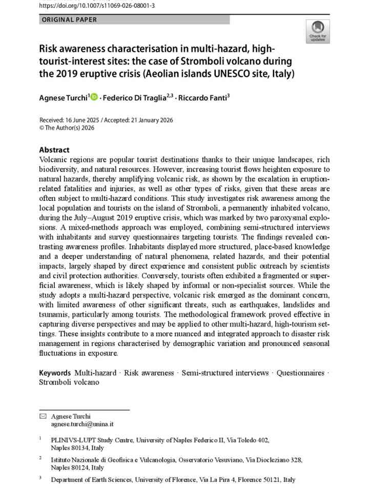 Risk awareness characterisation in multi-hazard, high-tourist-interest sites: the case of Stromboli volcano during the 2019 eruptive crisis (Aeolian islands UNESCO site, Italy) thumbnail