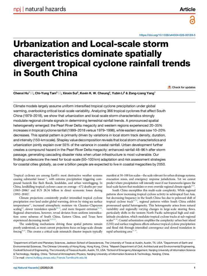 Urbanization and Local-scale storm characteristics dominate spatially divergent tropical cyclone rainfall trends in South China thumbnail