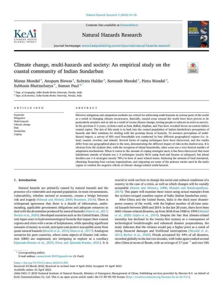 Climate change, multi-hazards and society: An empirical study on the coastal community of Indian Sundarban thumbnail