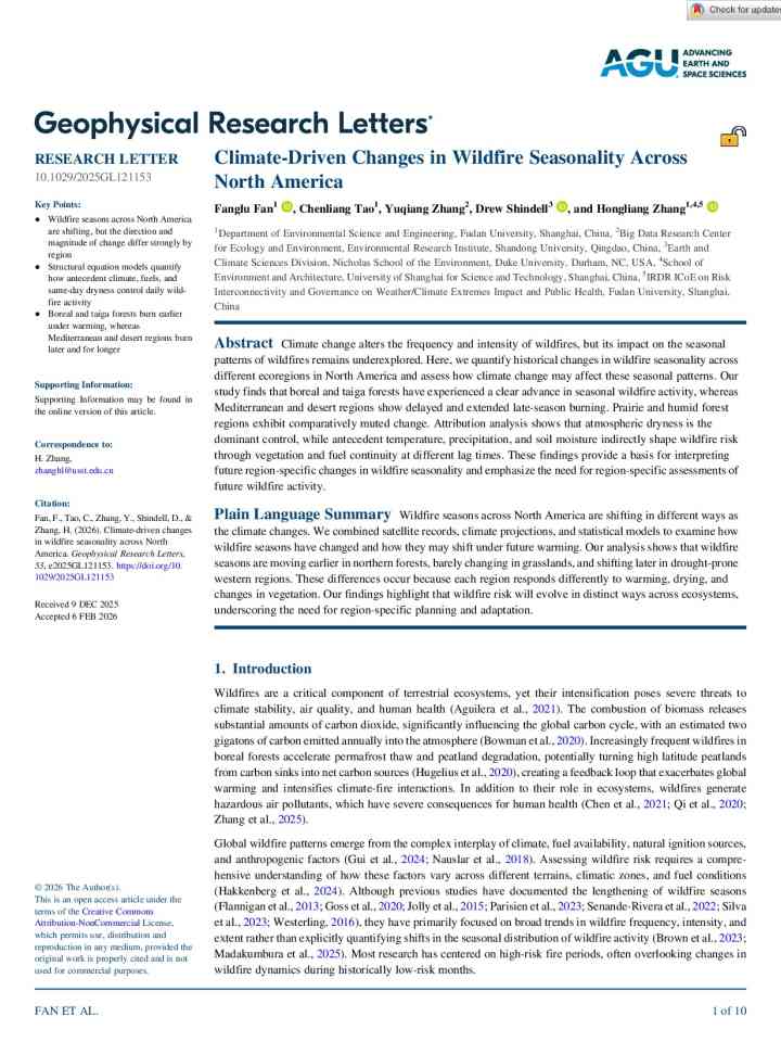 Climate-driven changes in wildfire seasonality across North America thumbnail