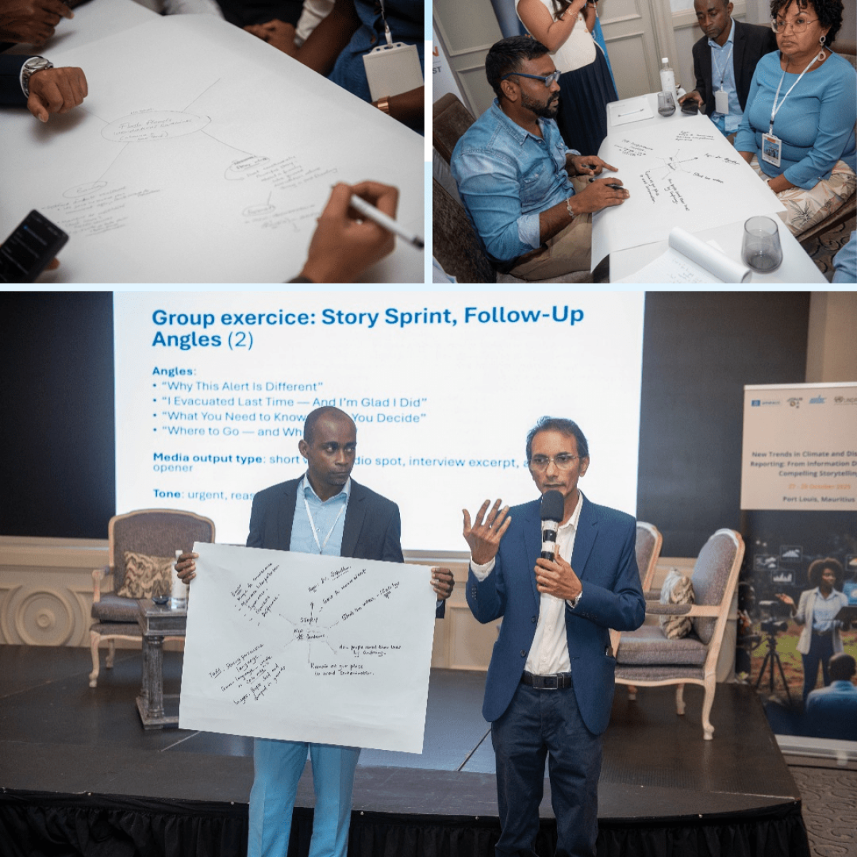 Risk comm's workshop in Mauritius: Journalists are presenting their group exercises outputs on media programmes for disaster resilience.