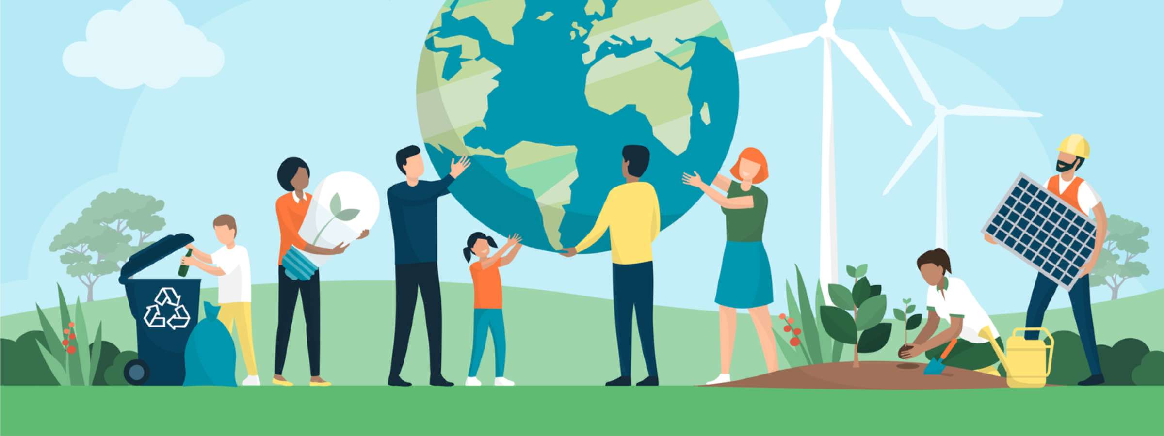 Multiethnic group of people cooperating for the protection of the environment