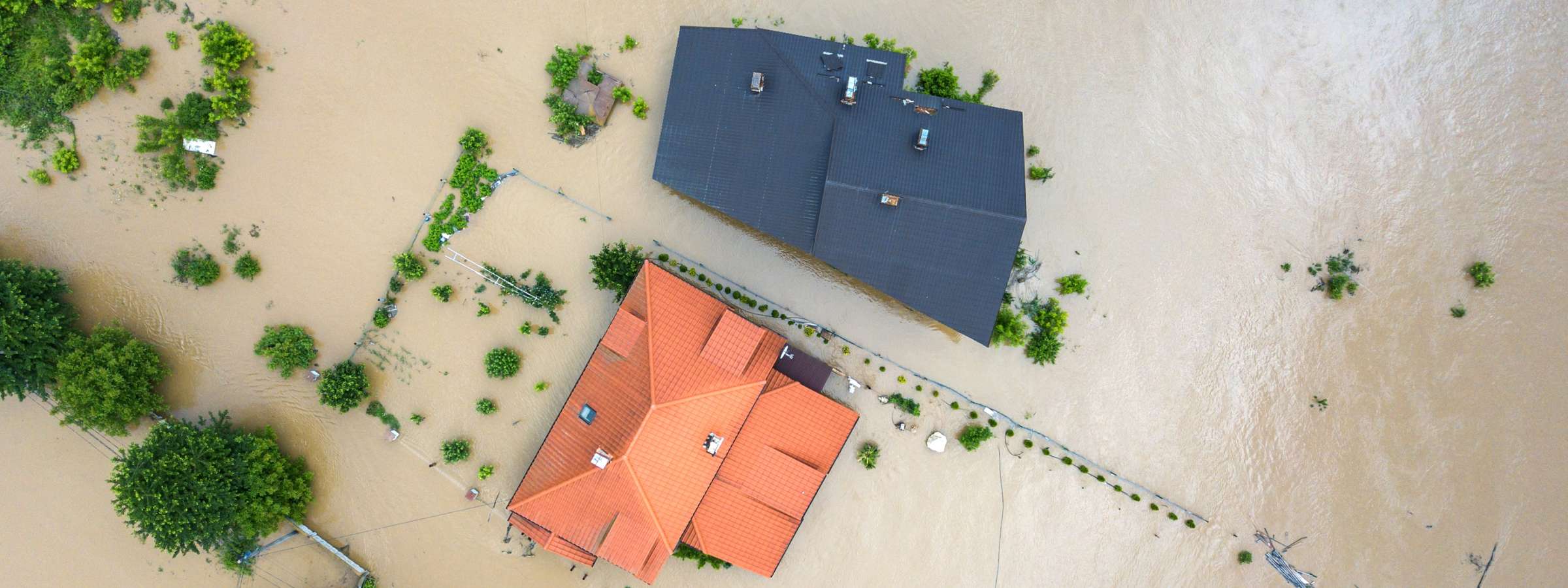 Aerial view of flooded houses