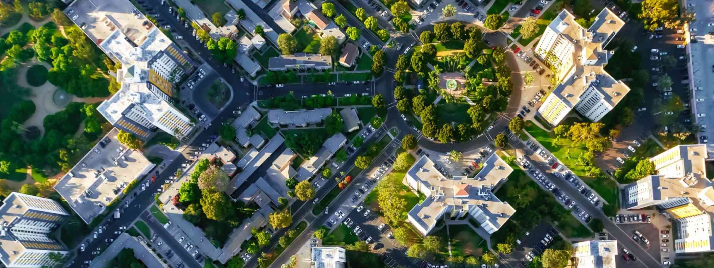 Aerial view of buildings near Wilshire Blvd in Westwood, Los Angeles, CA