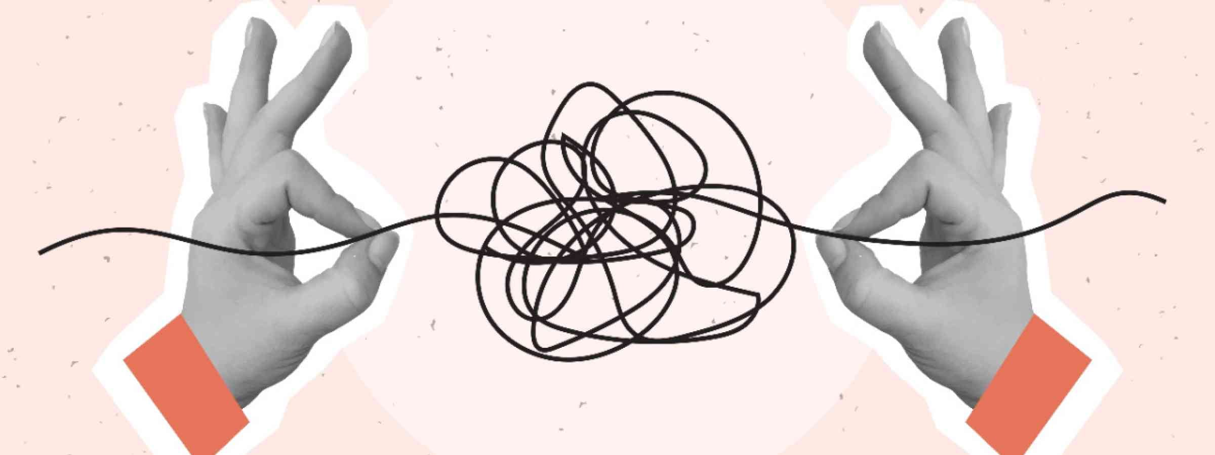 Understading uncertainty ands pulls a thread from a tangled ball. Concept of problem solving and eliminating uncertainty.